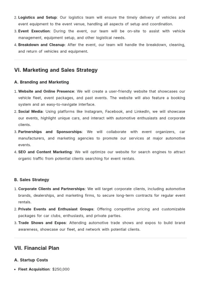 Free Automotive Event Rental Business Plan Template to Edit Online