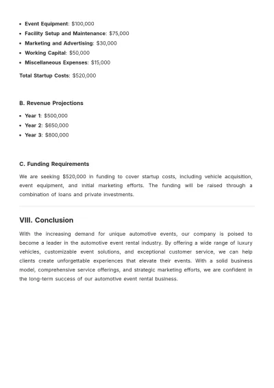 Free Automotive Event Rental Business Plan Template to Edit Online