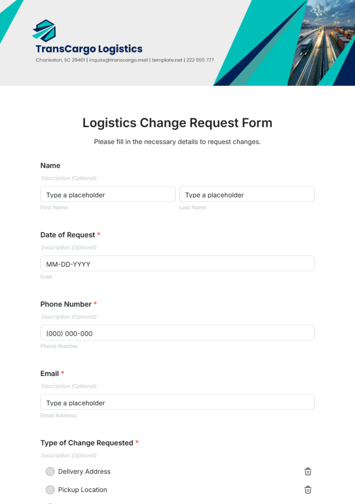 Free Logistics Change Request Form Template