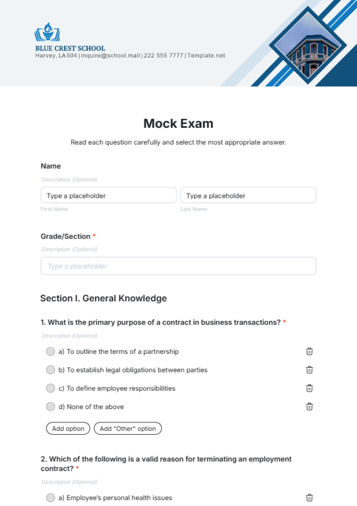 Free Mock Exam Template to Edit Online