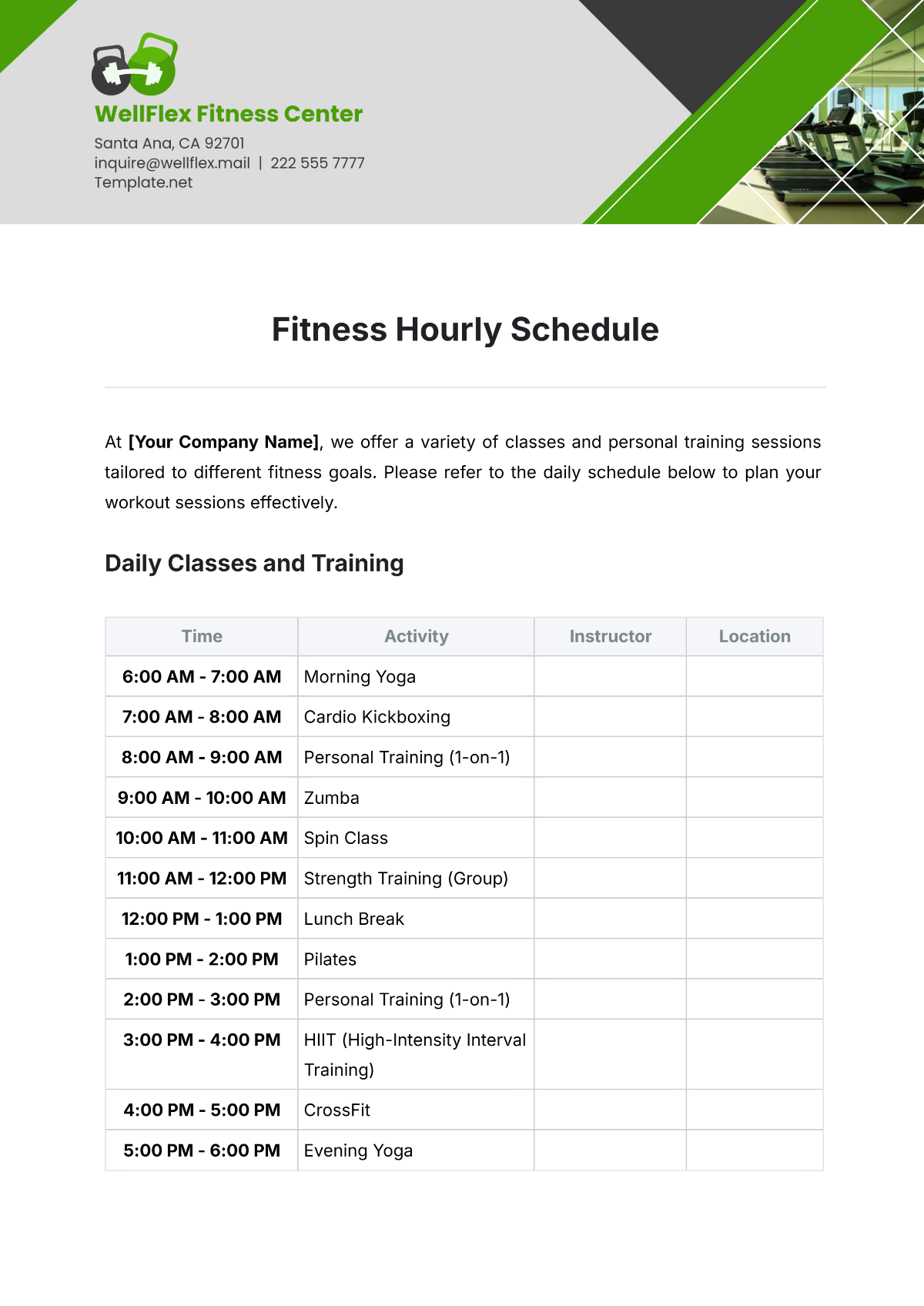 Fitness Hourly Schedule Template - Edit Online & Download