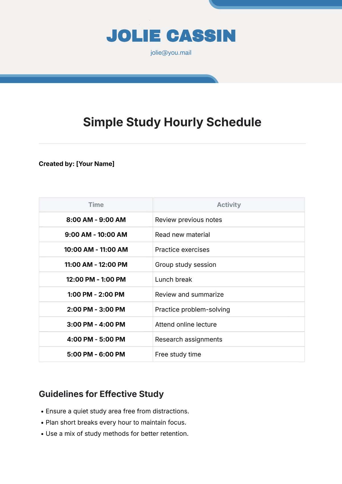 Simple Study Hourly Schedule Template - Edit Online & Download