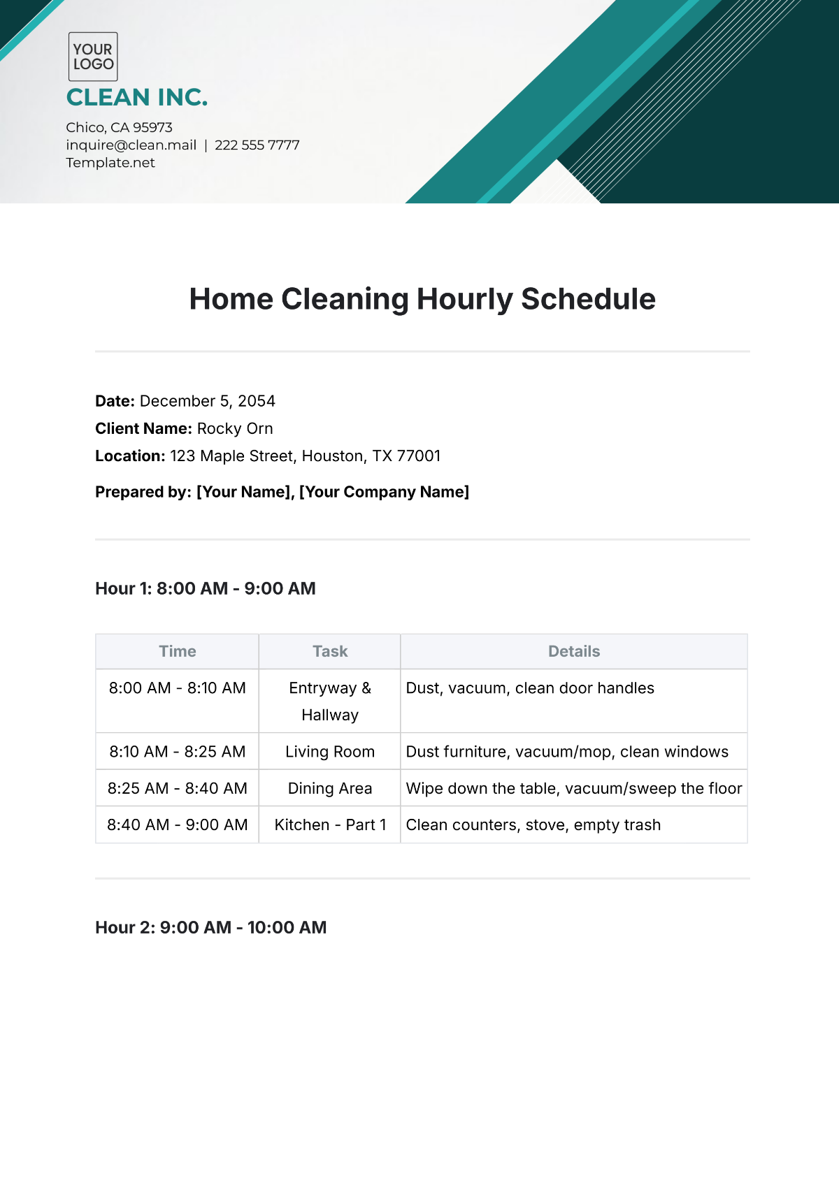 Home Cleaning Hourly Schedule Template - Edit Online & Download