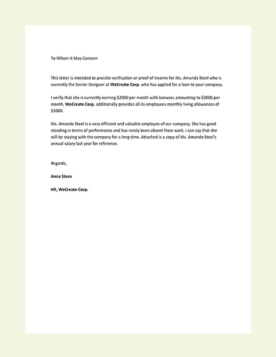 Proof of Income Letter Template Google Docs Word Template net