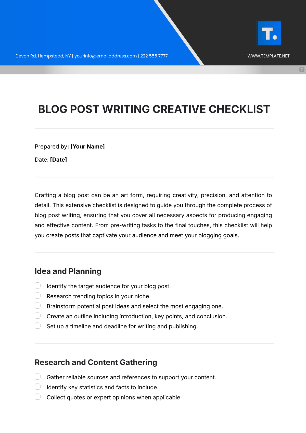 Free Blog Post Writing Creative Checklist Template