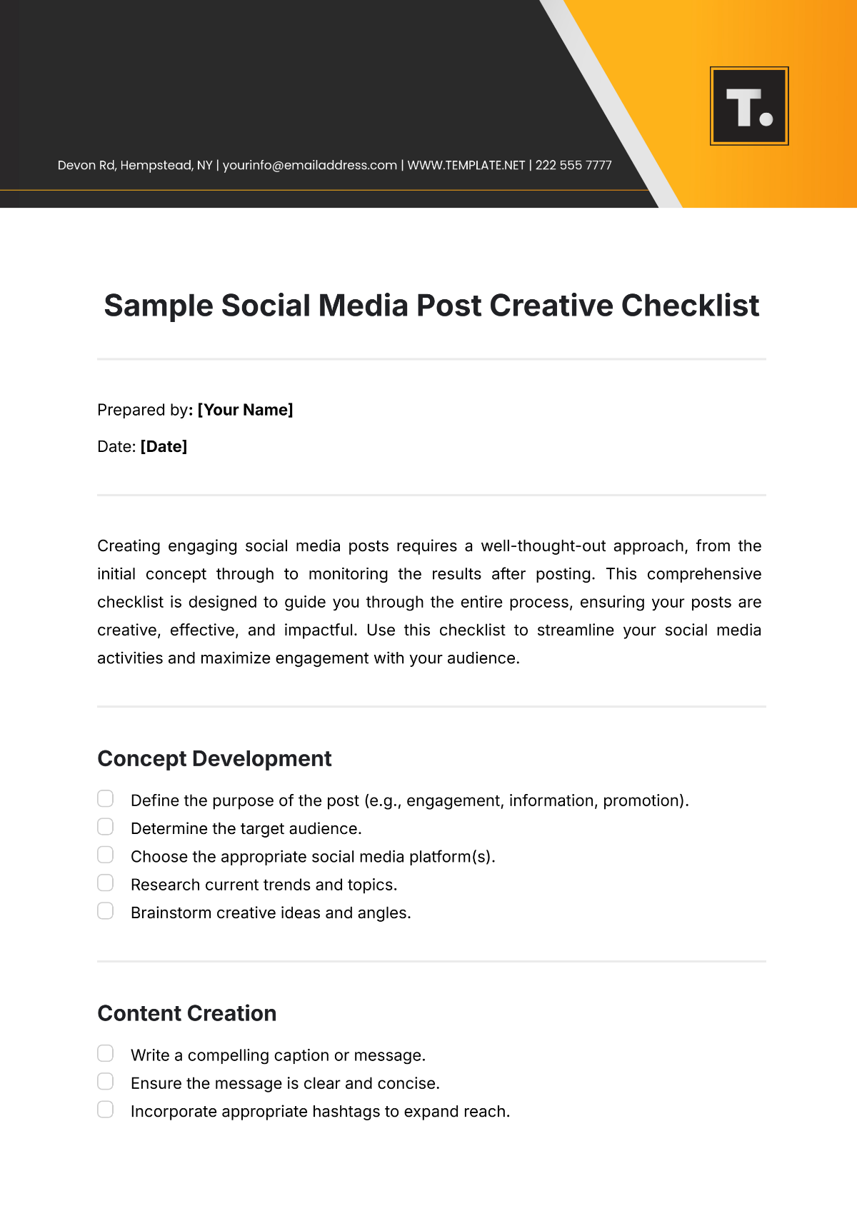 Free Sample Social Media Post  Creative Checklist Template