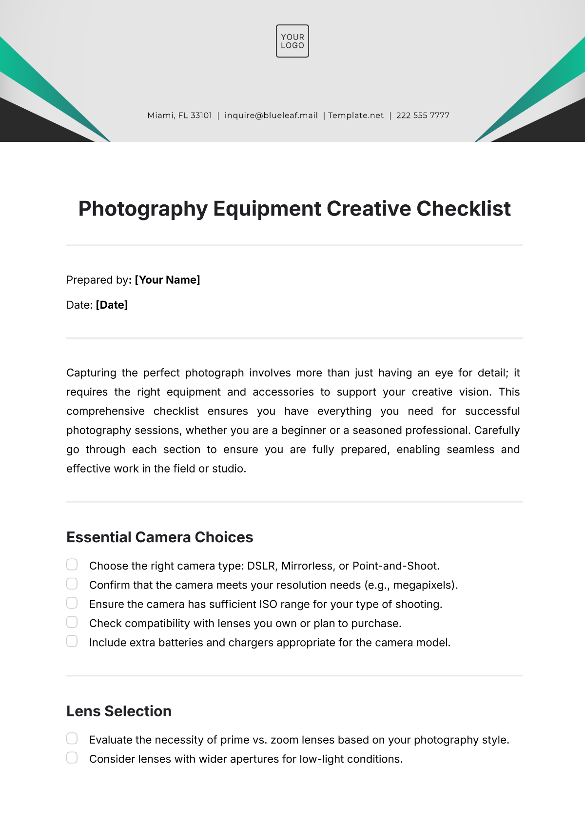 Free Photography Equipment  Creative Checklist Template