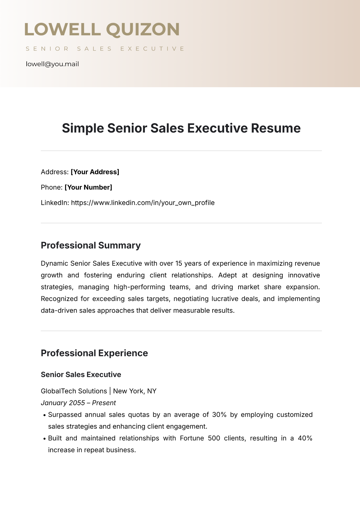 Free Simple Senior Sales Executive Resume Template