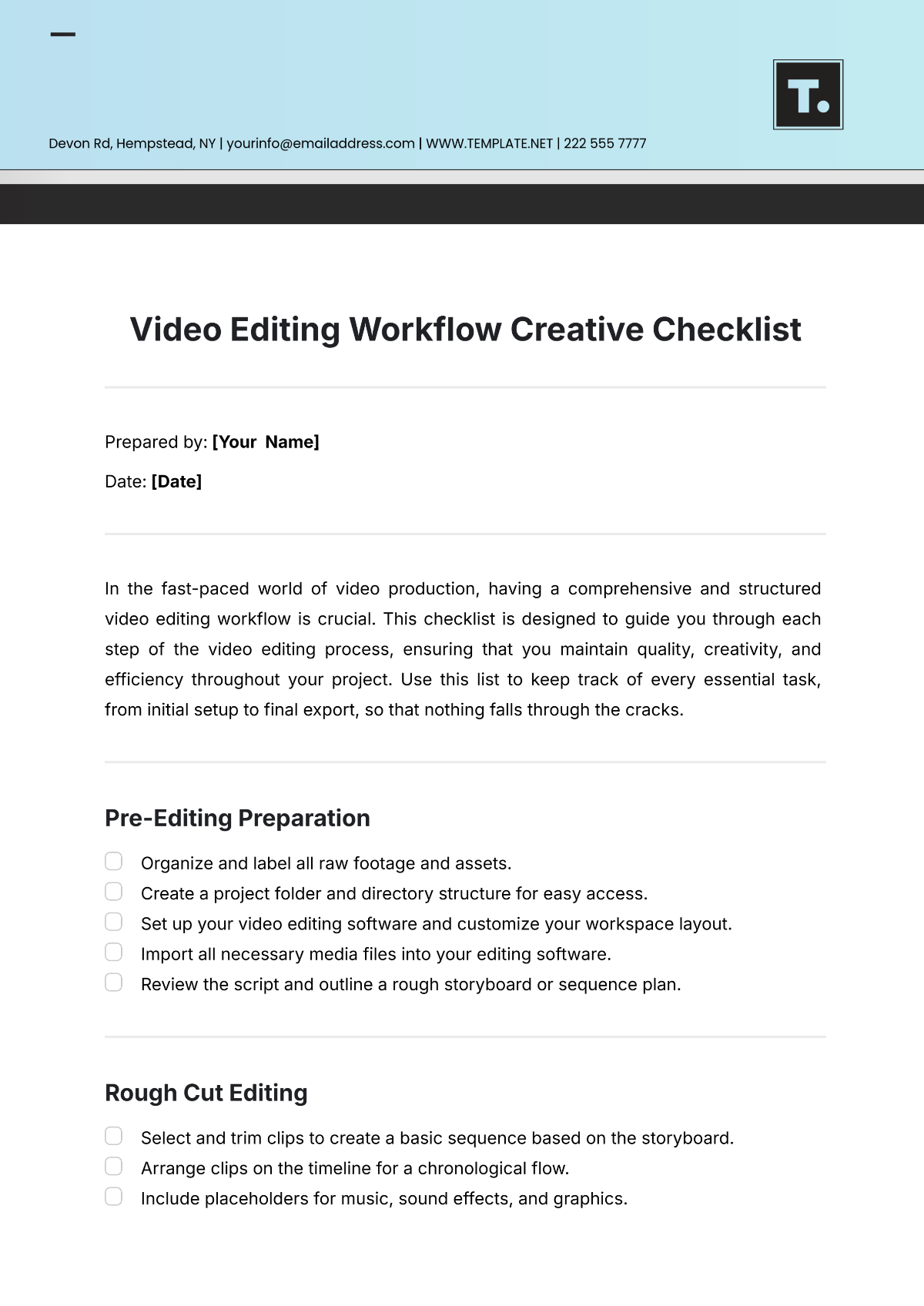 Free Video Editing Workflow  Creative Checklist Template