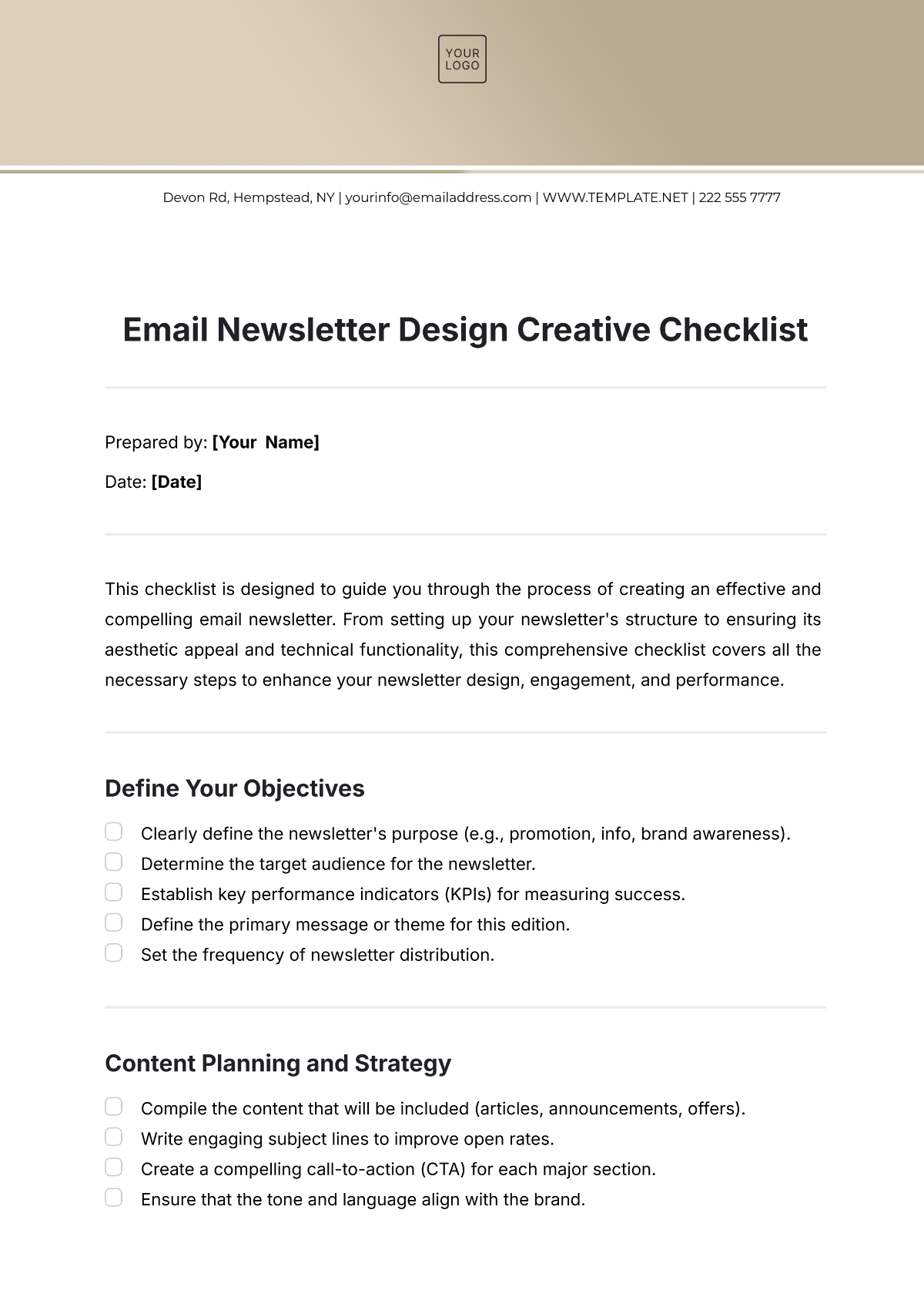 Free Email Newsletter Design  Creative Checklist Template