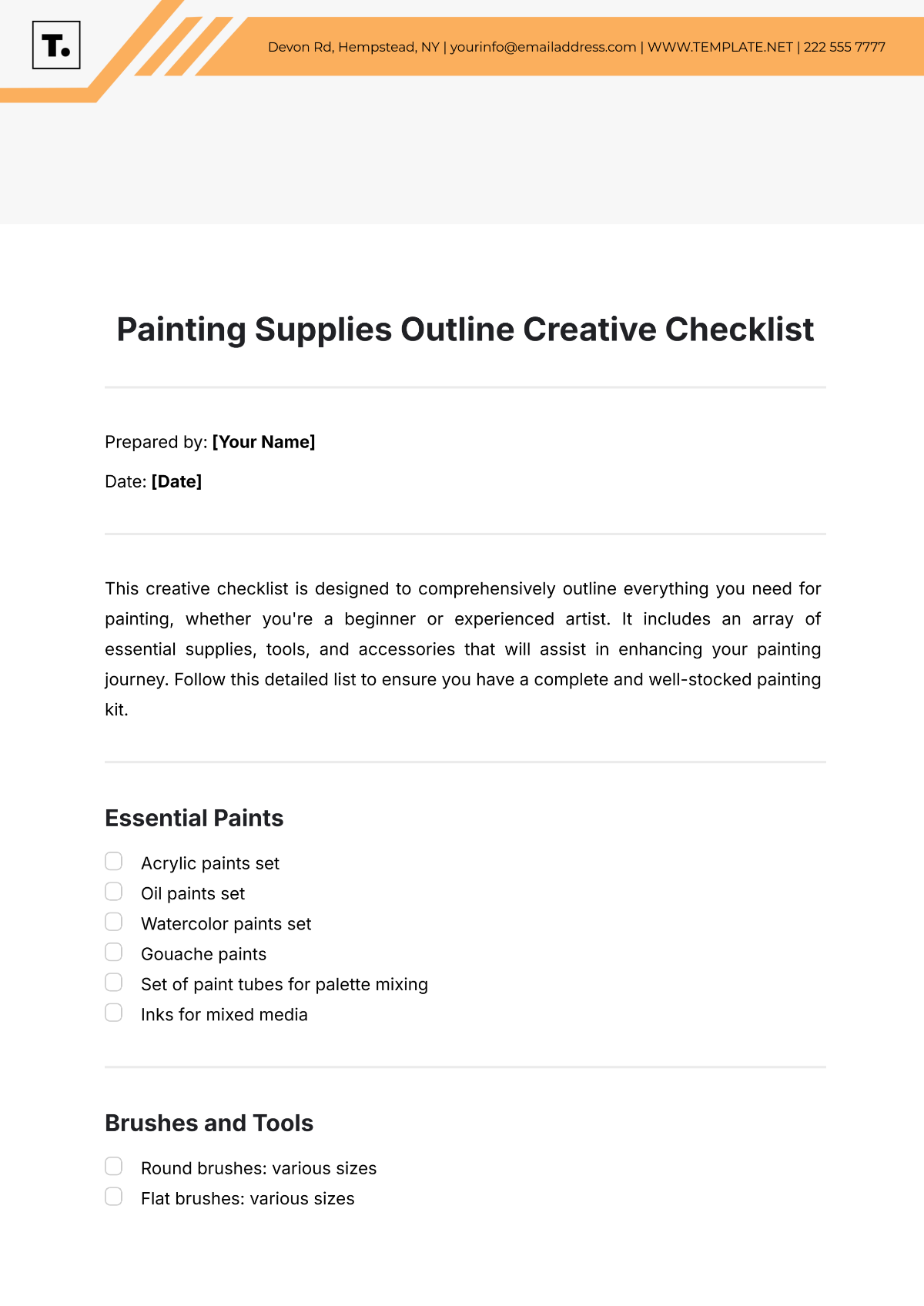 Free Painting Supplies Outline Creative Checklist Template