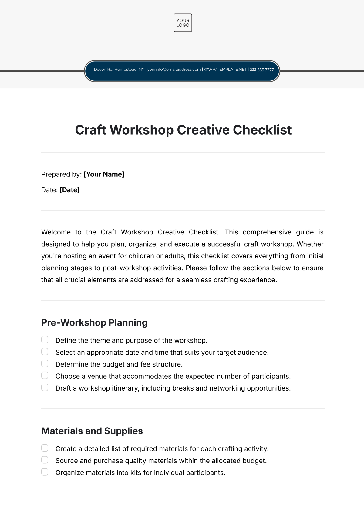 Free Craft Workshop  Creative Checklist Template