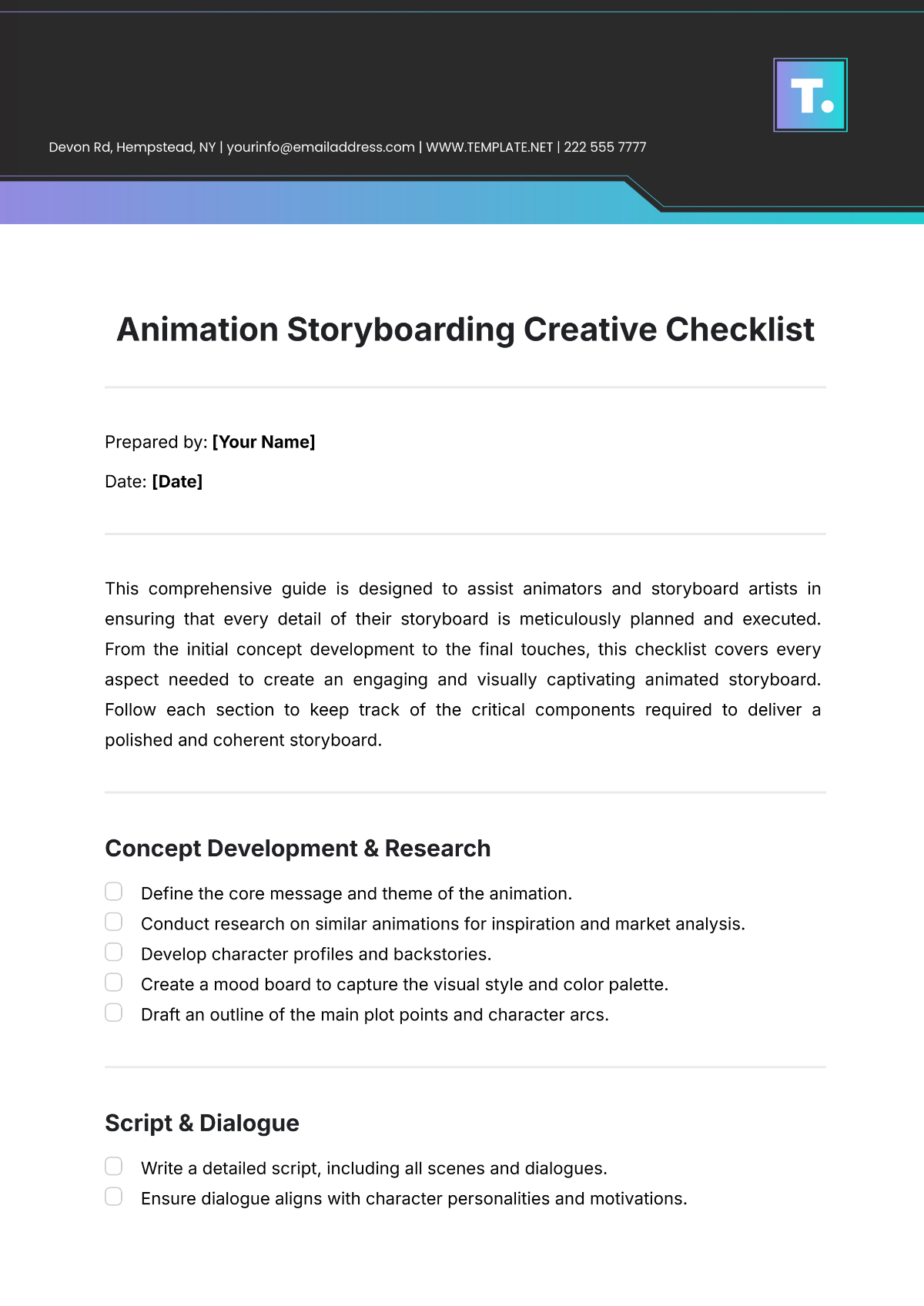 Free Animation Storyboarding  Creative Checklist Template