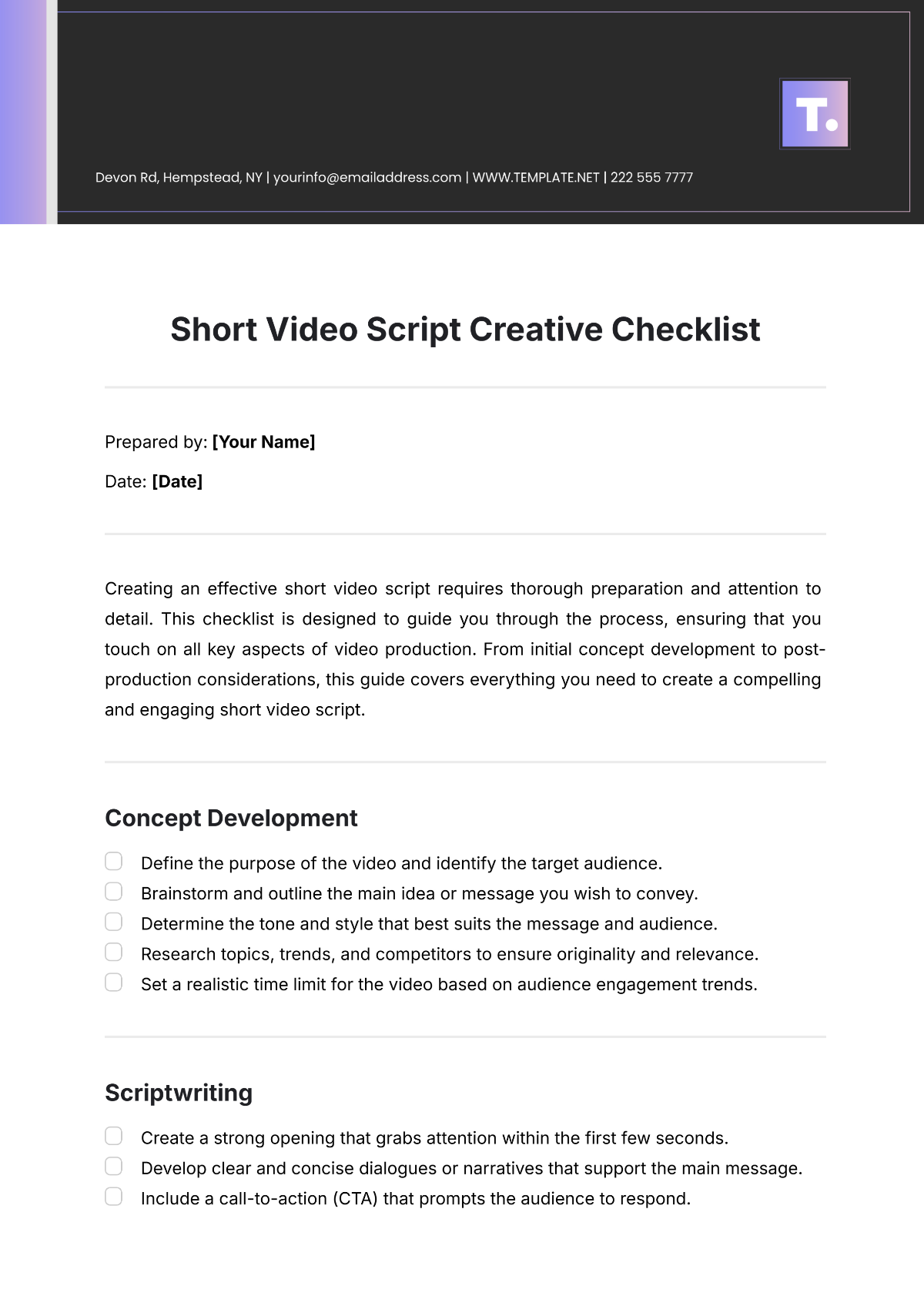 Free Short Video Script  Creative Checklist Template