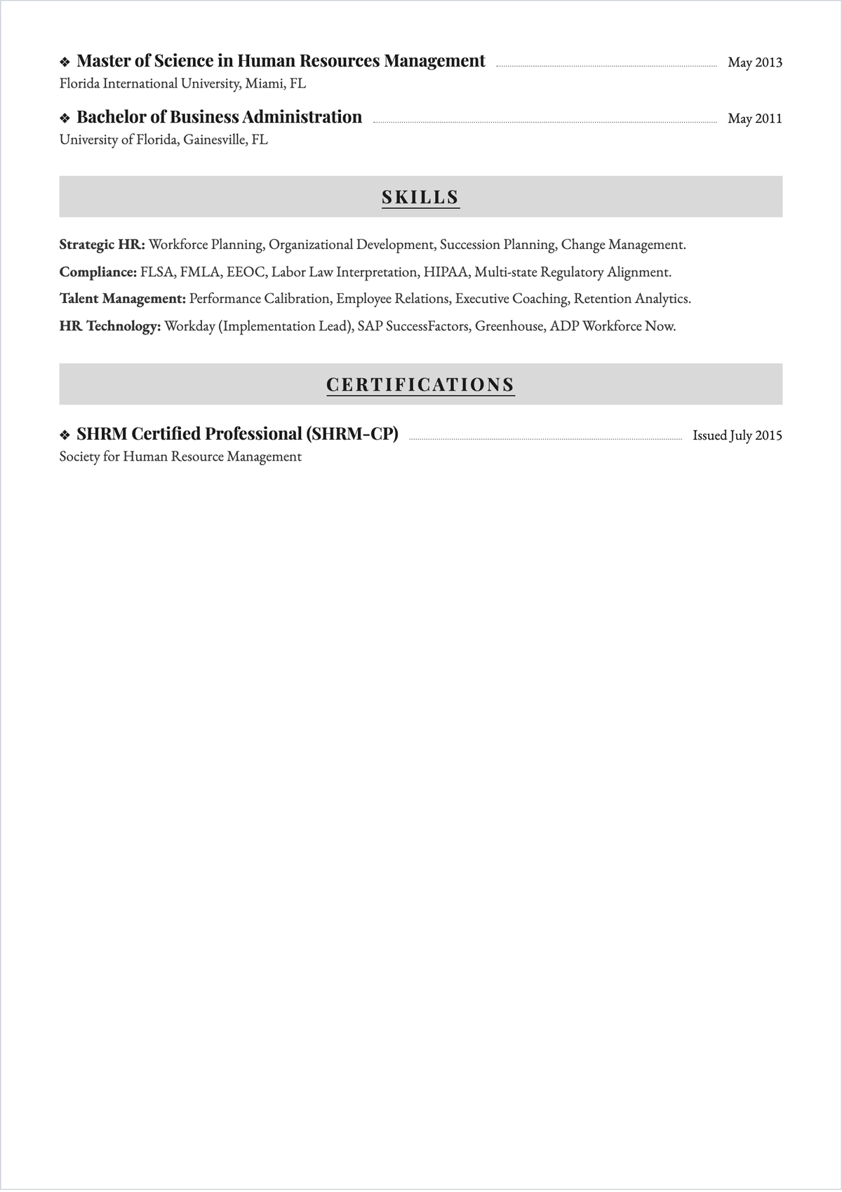 Free Senior HR Professional ATS Resume Template, AI Resume Builder