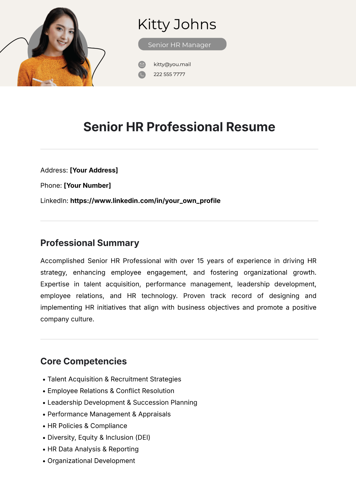 Free Senior HR Professional Resume Template