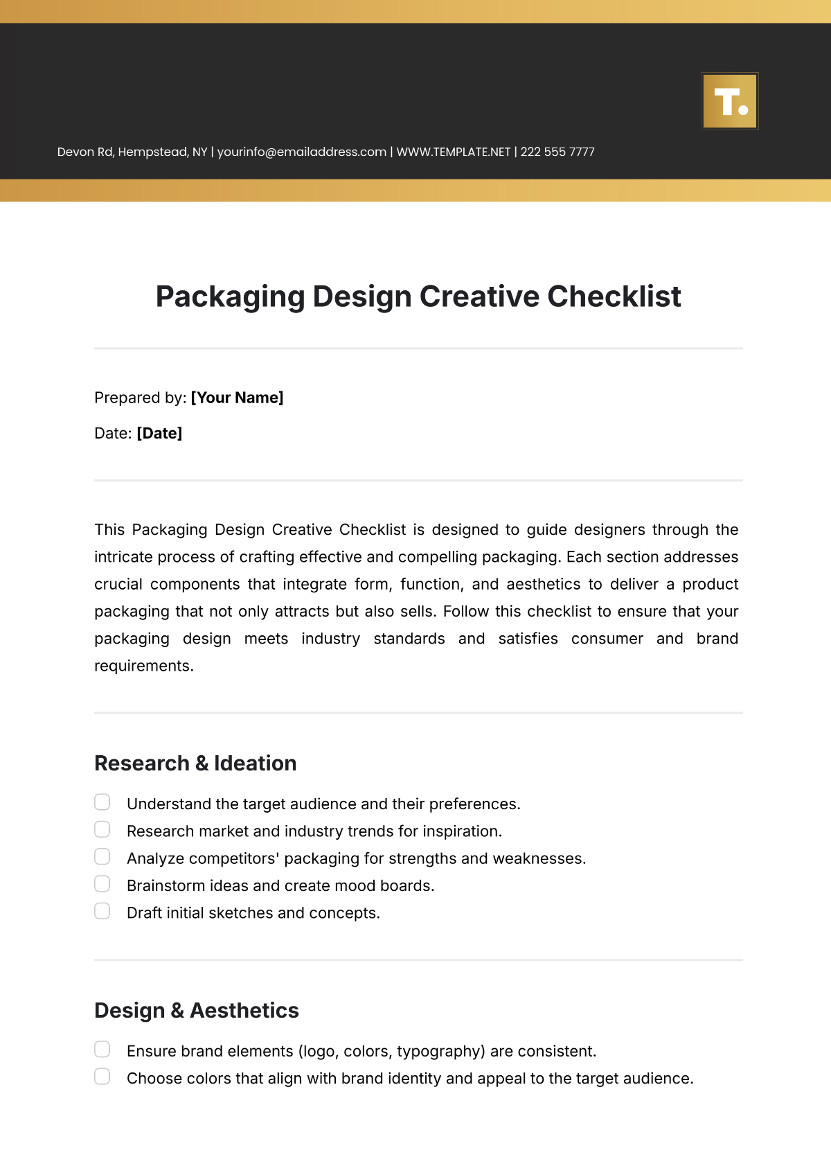 Packaging Design  Creative Checklist Template - Edit Online & Download