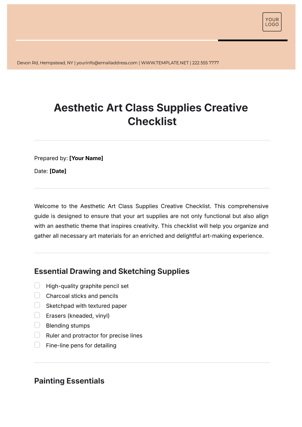 Aesthetic Art Class Supplies Creative Checklist Template - Edit Online & Download