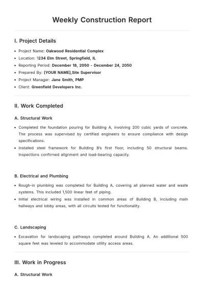 Free Weekly Construction Report Template to Edit Online
