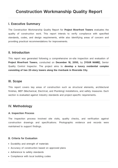 Free Construction Workmanship Quality Report Template to Edit Online