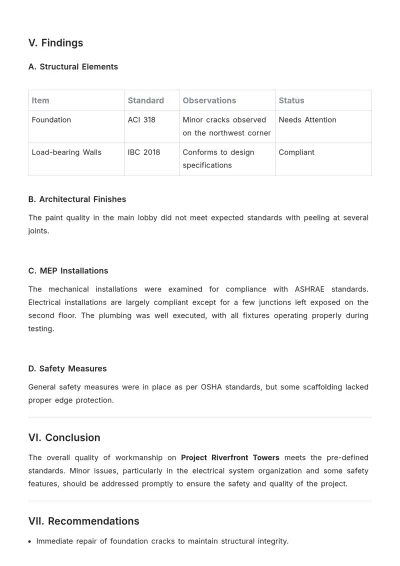 Free Construction Workmanship Quality Report Template to Edit Online