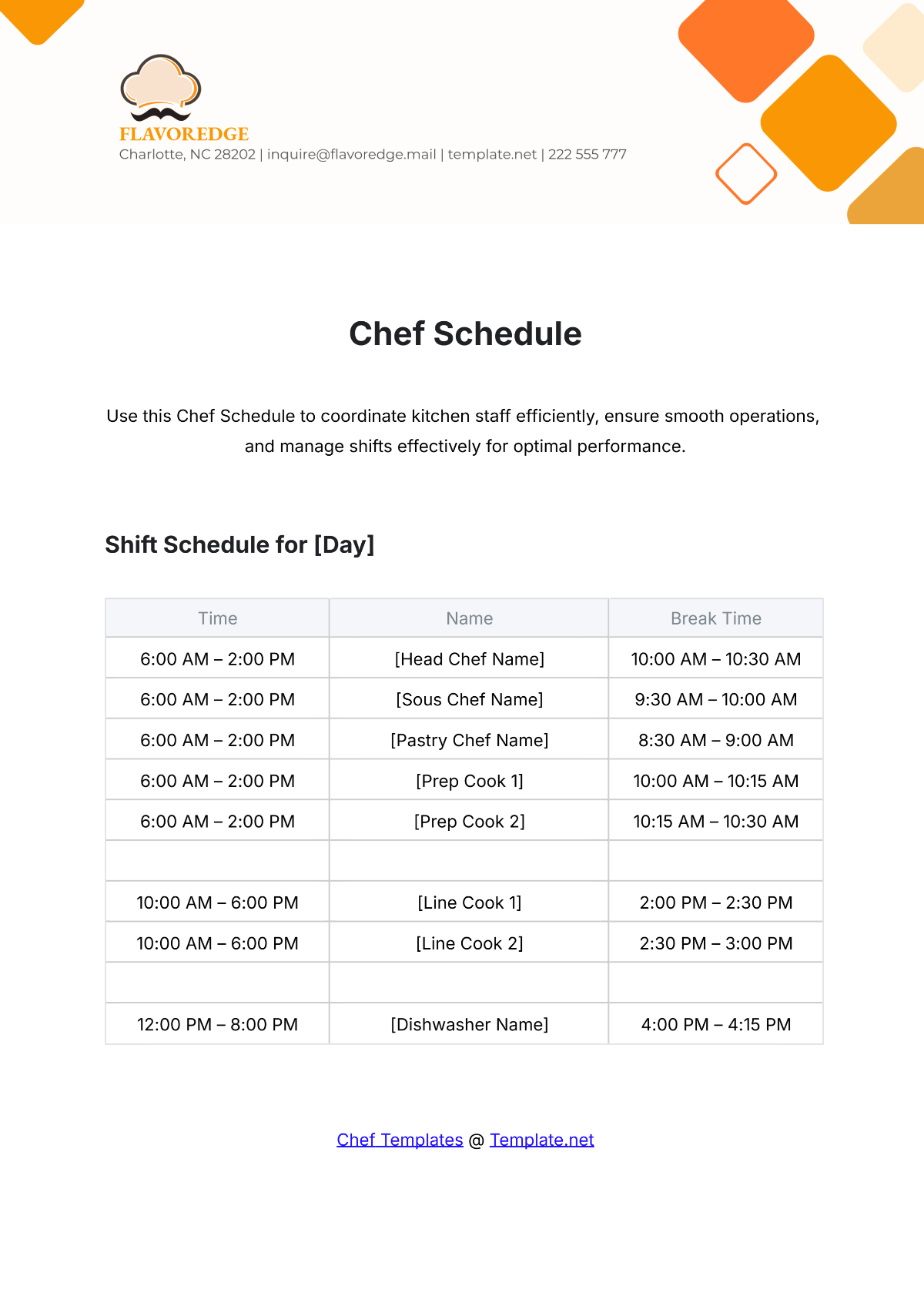 Chef Schedule Template - Edit Online & Download