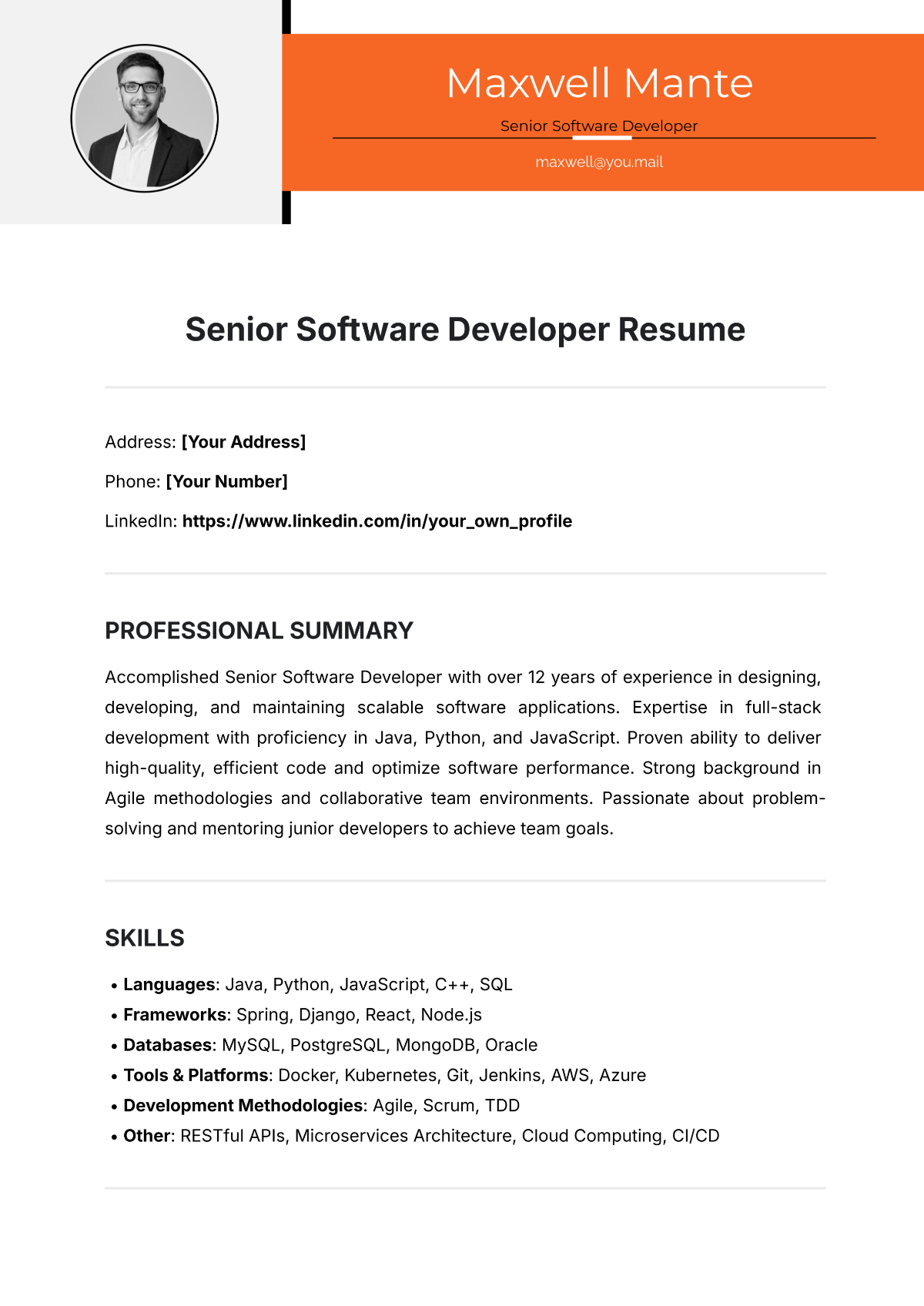 Free Senior Software Developer Resume Template