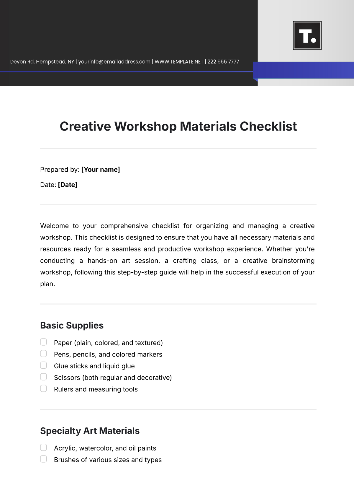 Creative Workshop Materials  Creative Checklist Template - Edit Online & Download