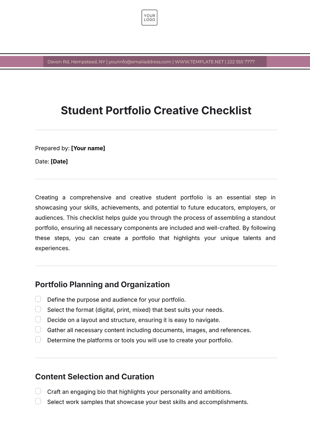 Student Portfolio  Creative Checklist Template - Edit Online & Download