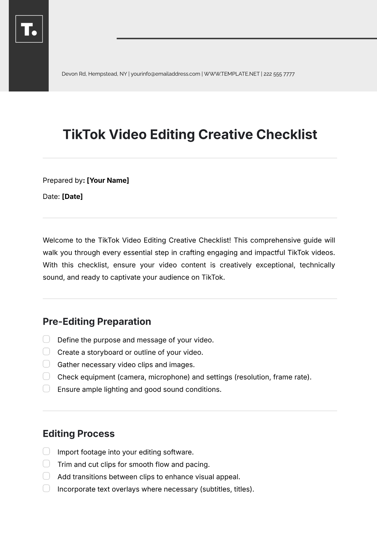 TikTok Video Editing  Creative Checklist Template - Edit Online & Download