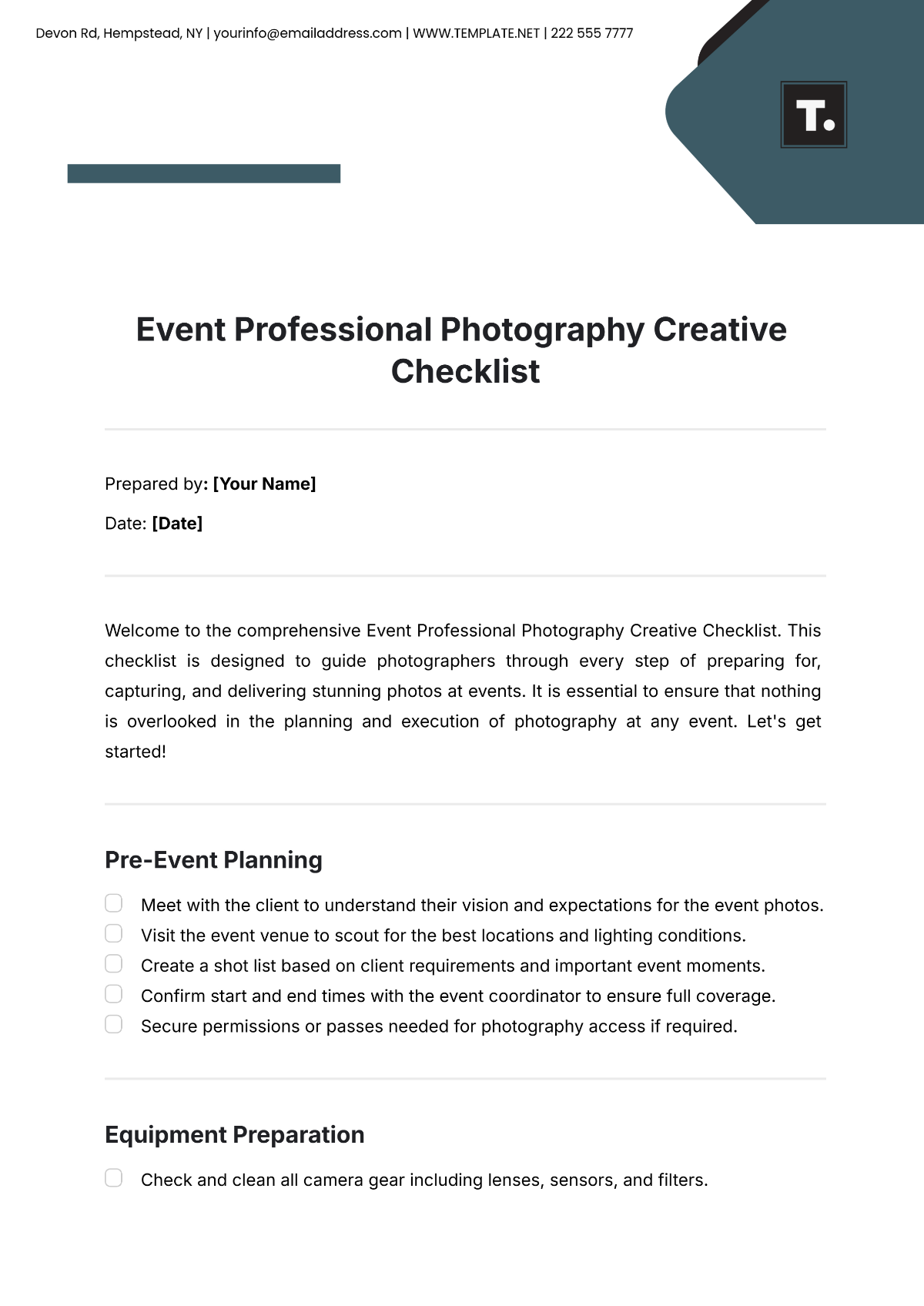 Event Professional Photography  Creative Checklist Template - Edit Online & Download