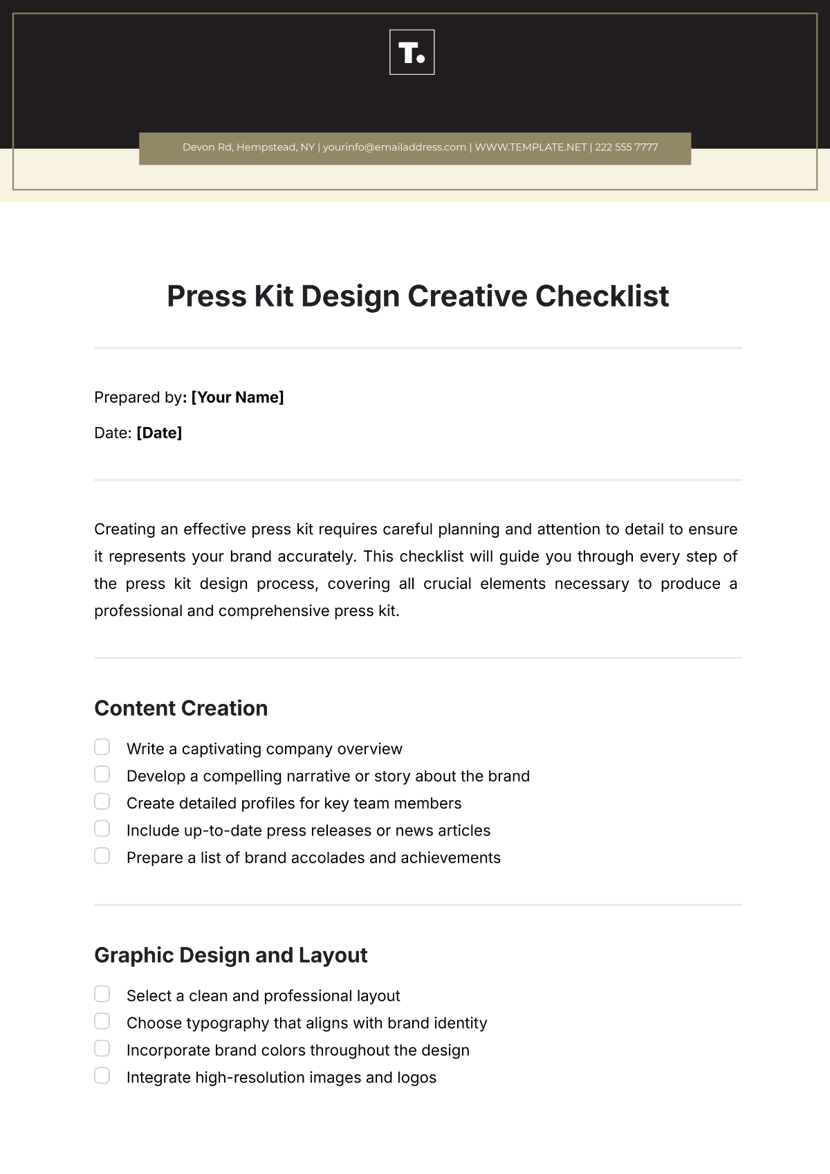 Press Kit Design  Creative Checklist Template - Edit Online & Download