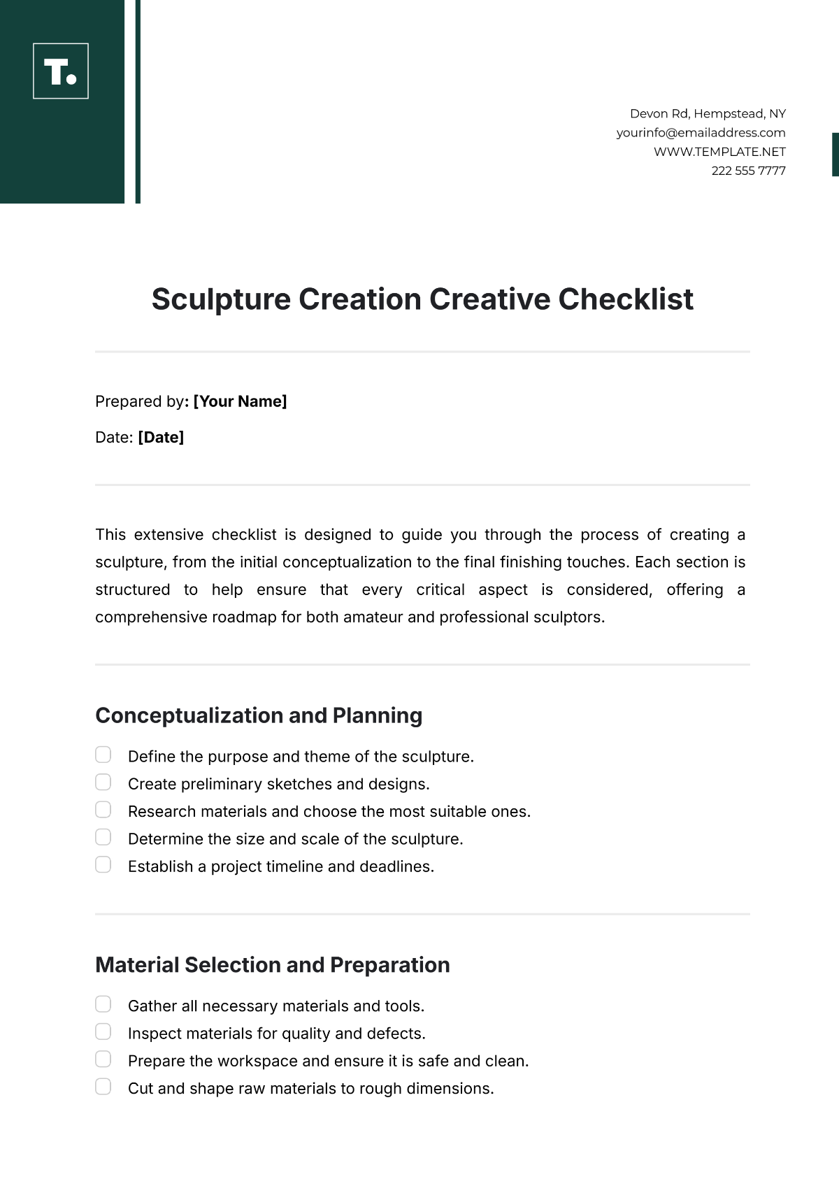 Sculpture Creation  Creative Checklist Template - Edit Online & Download