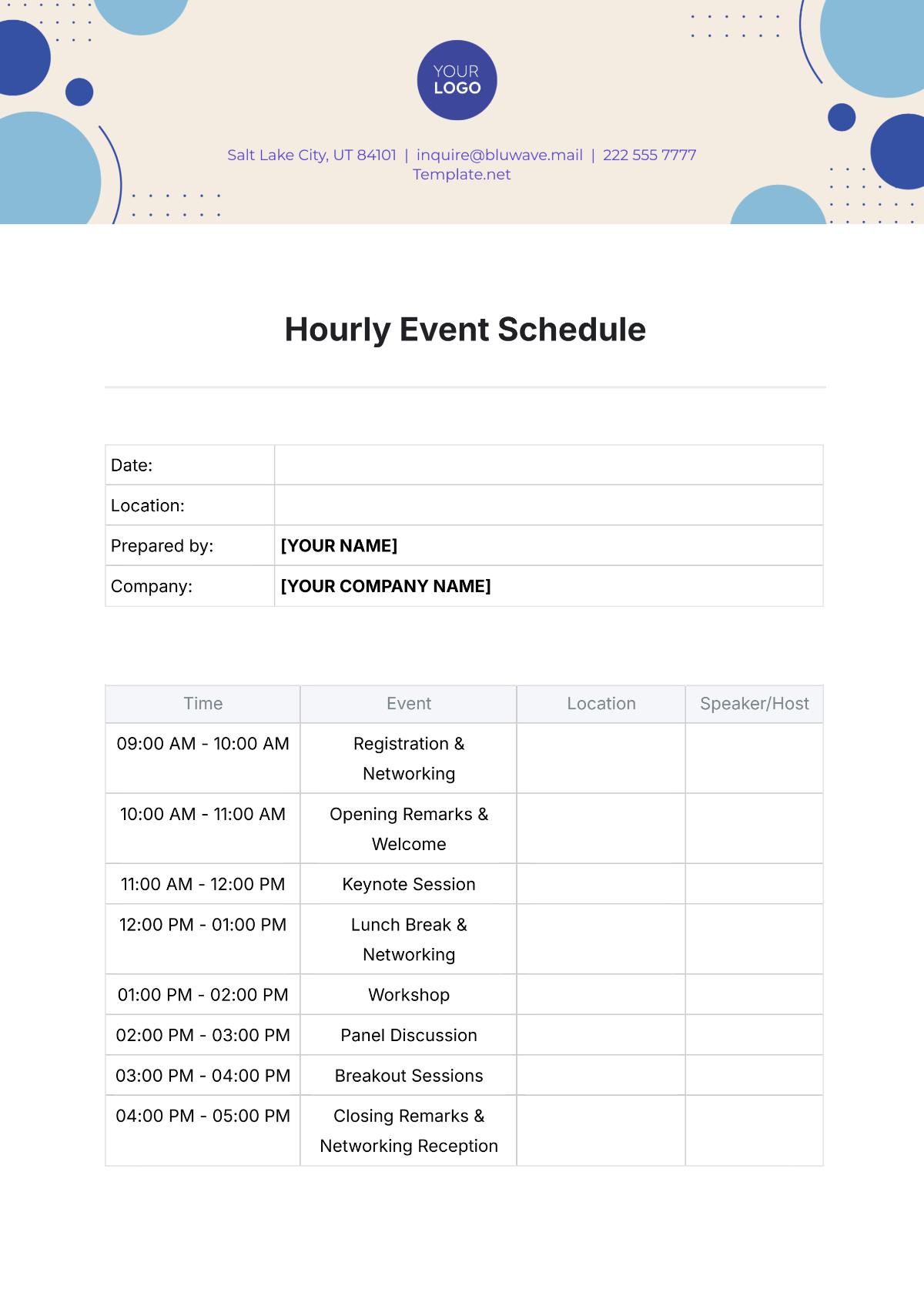 Hourly Event Schedule Template - Edit Online & Download