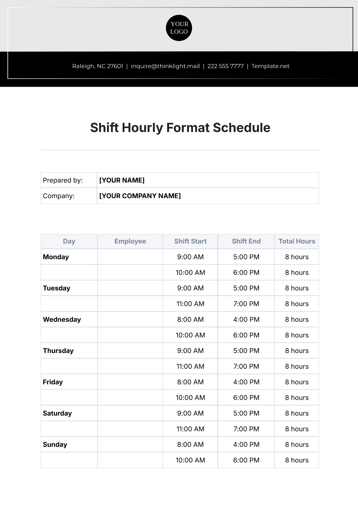 Shift Hourly Format Schedule Template - Edit Online & Download