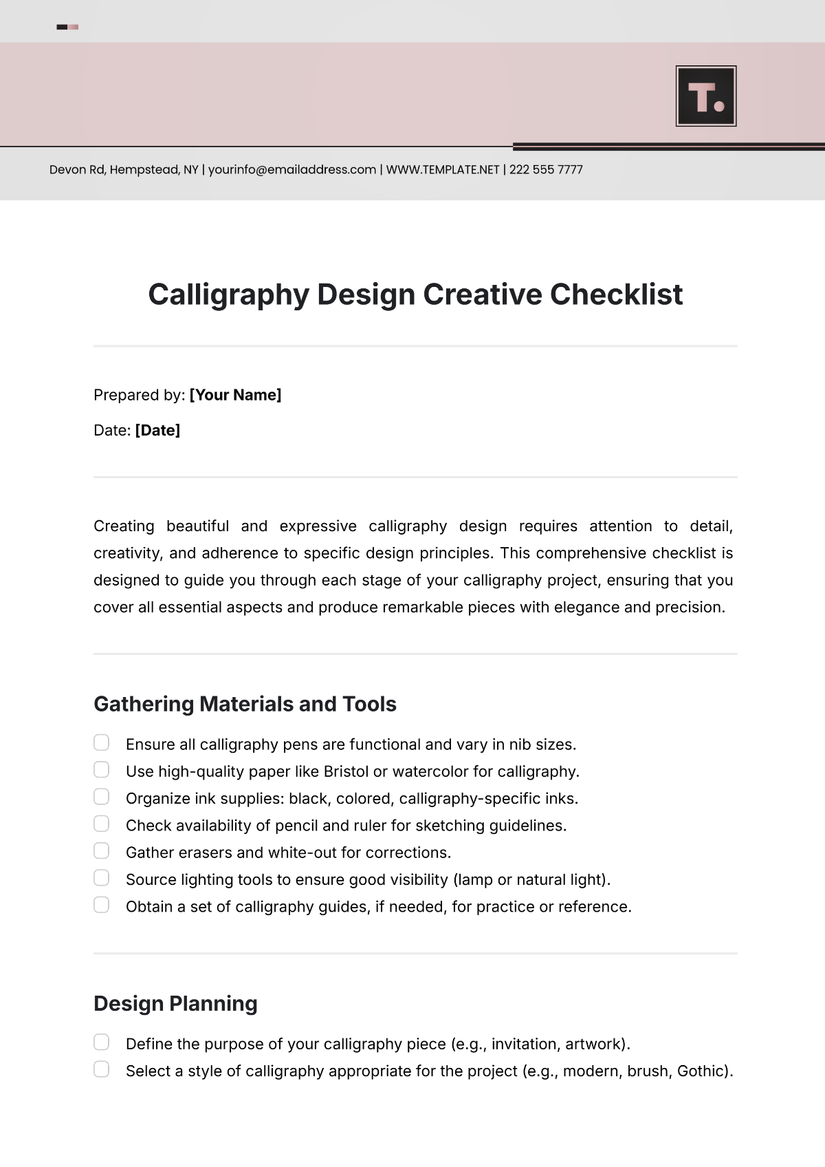 Calligraphy Design  Creative Checklist Template - Edit Online & Download