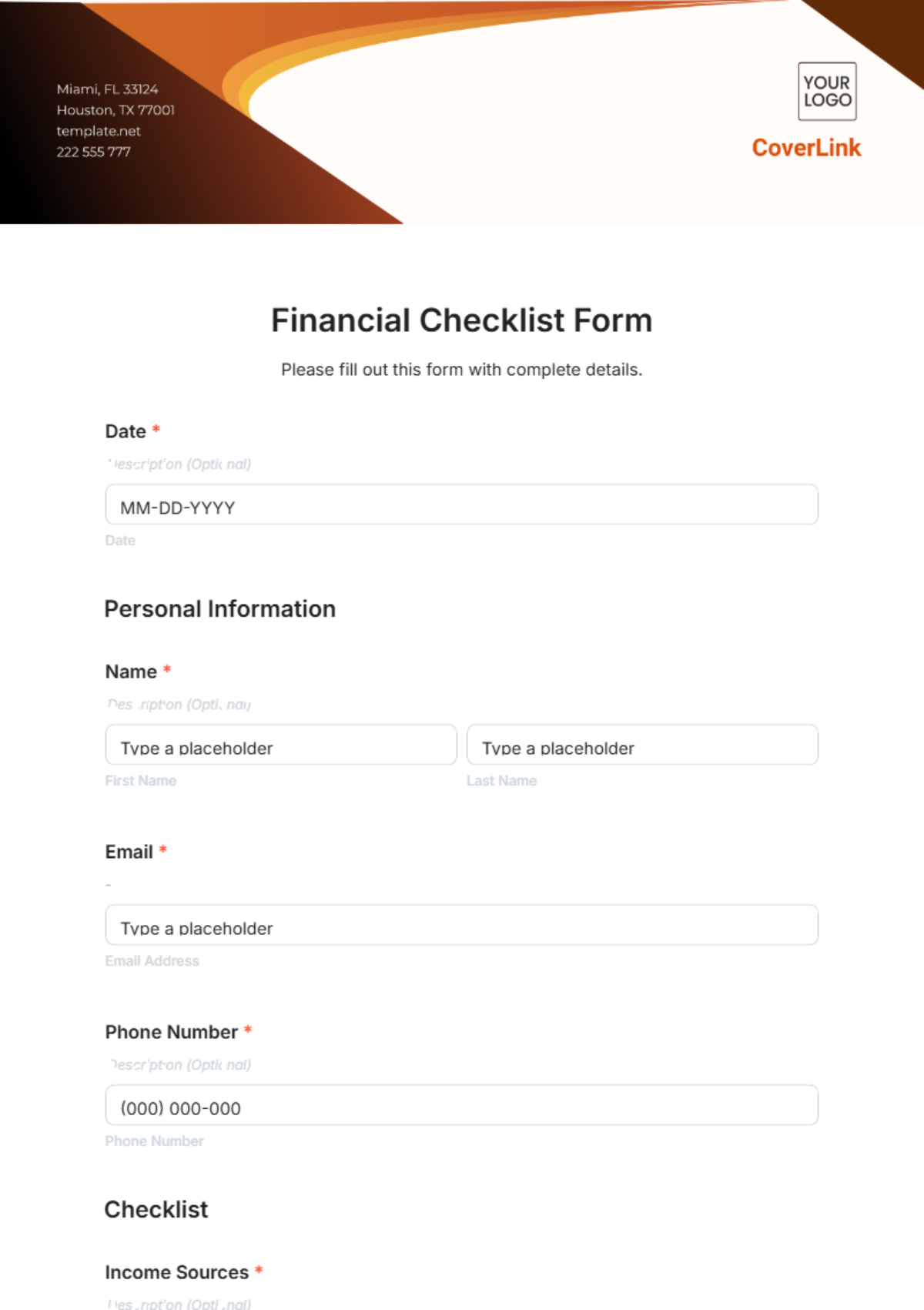 Free Financial Checklist Form Template