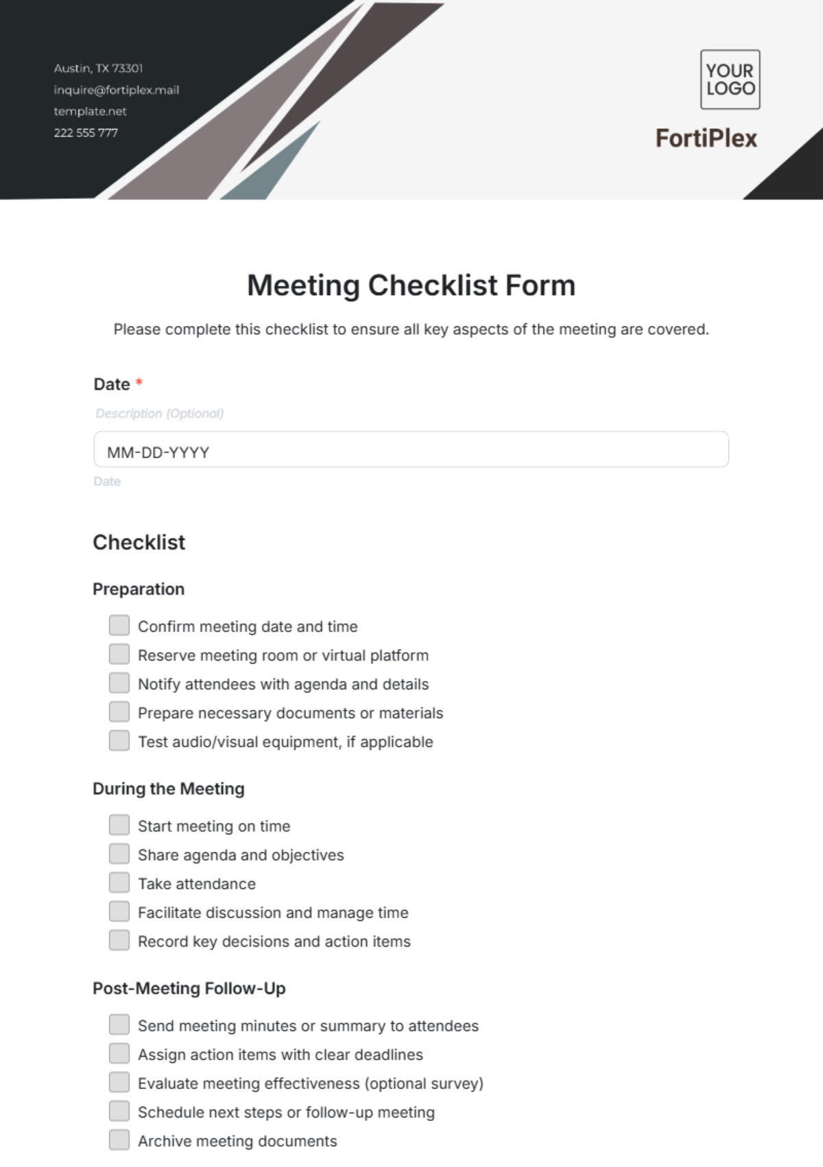 Free Meeting Checklist Form Template