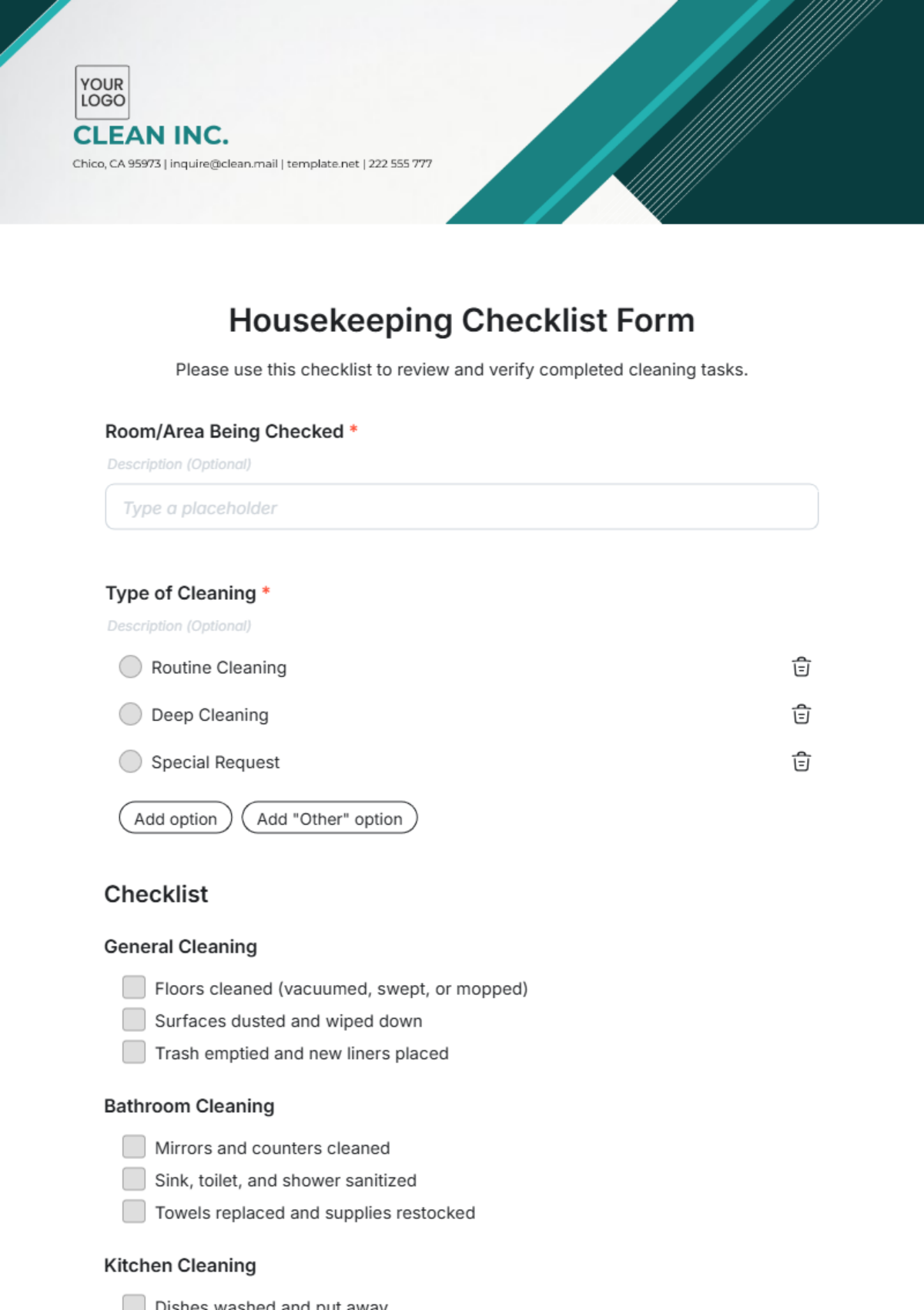 Free Housekeeping Checklist Form Template