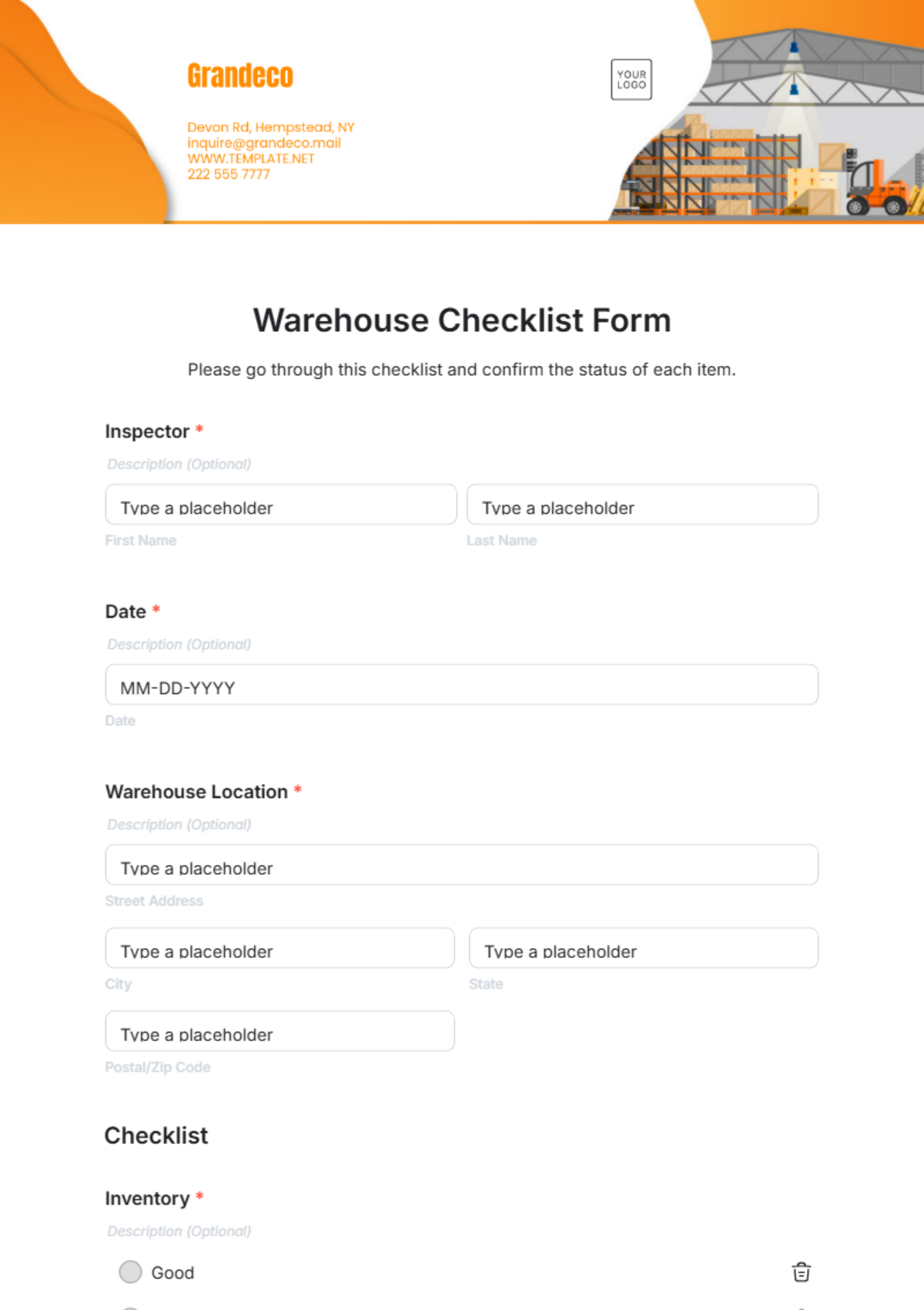 Free Warehouse Checklist Form Template