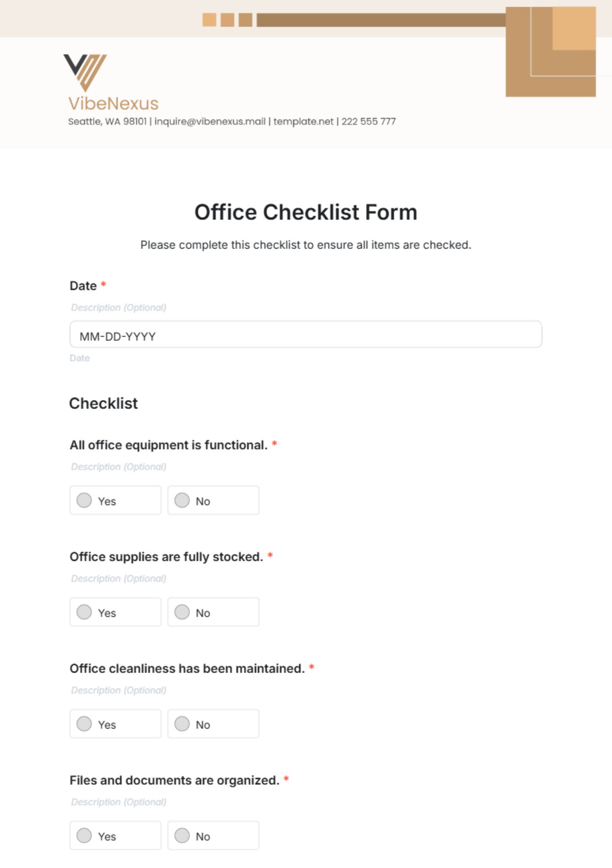 Free Office Checklist Form Template