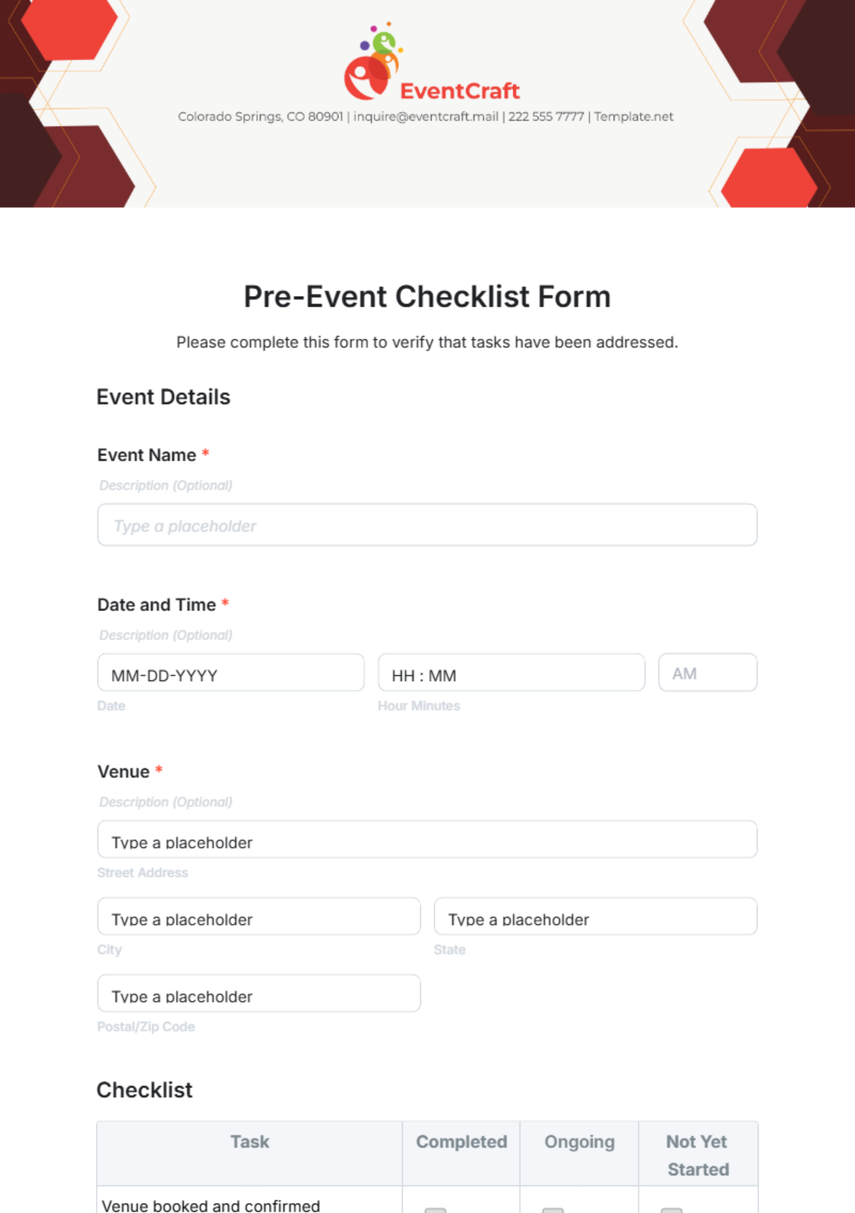 Free Pre-Event Checklist Form Template