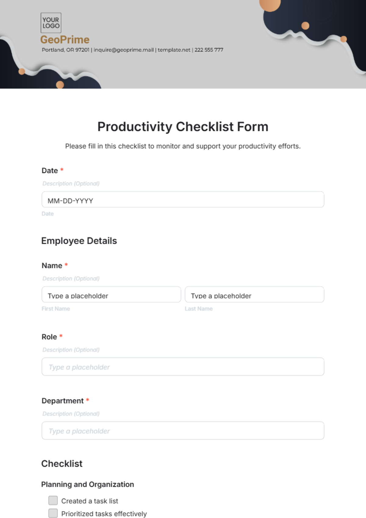 Free Productivity Checklist Form Template