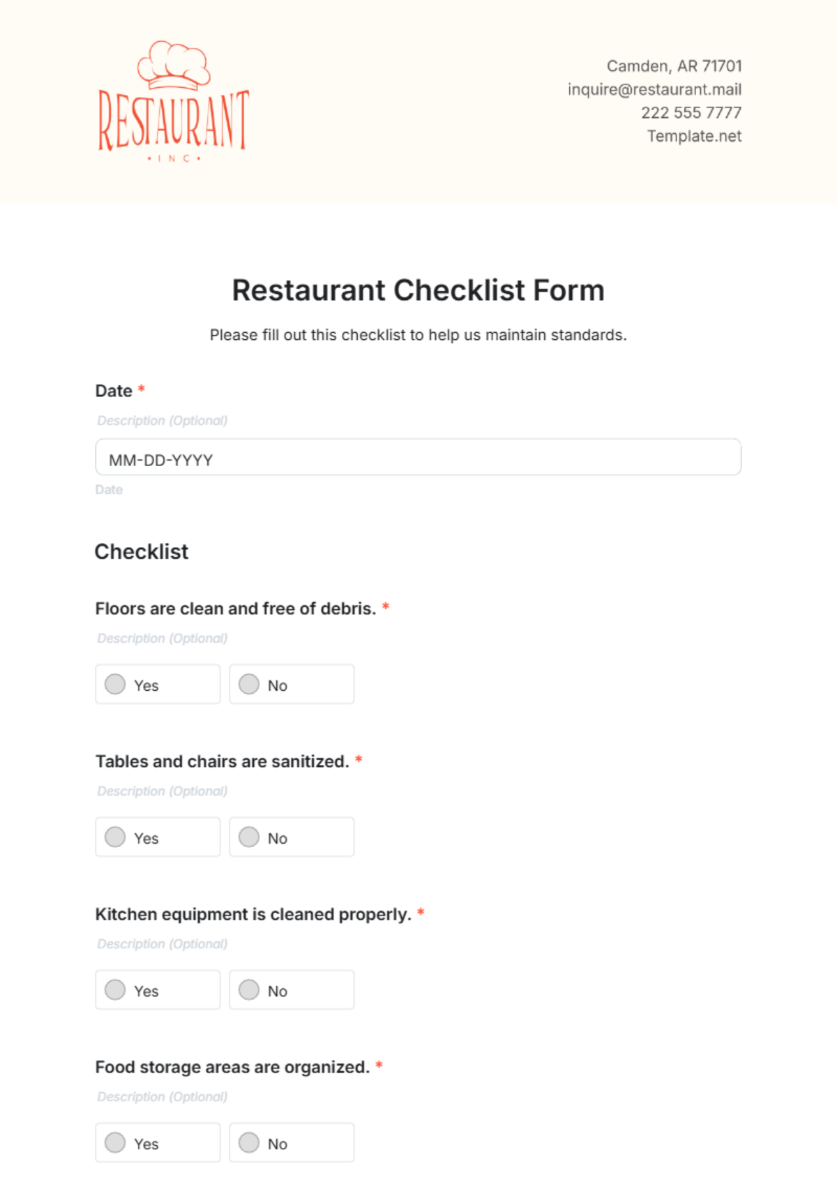 Free Restaurant Checklist Form Template