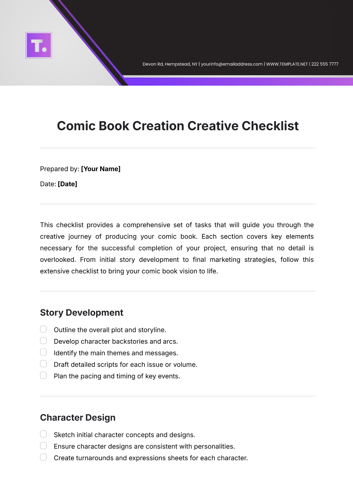 Comic Book Creation  Creative Checklist Template - Edit Online & Download