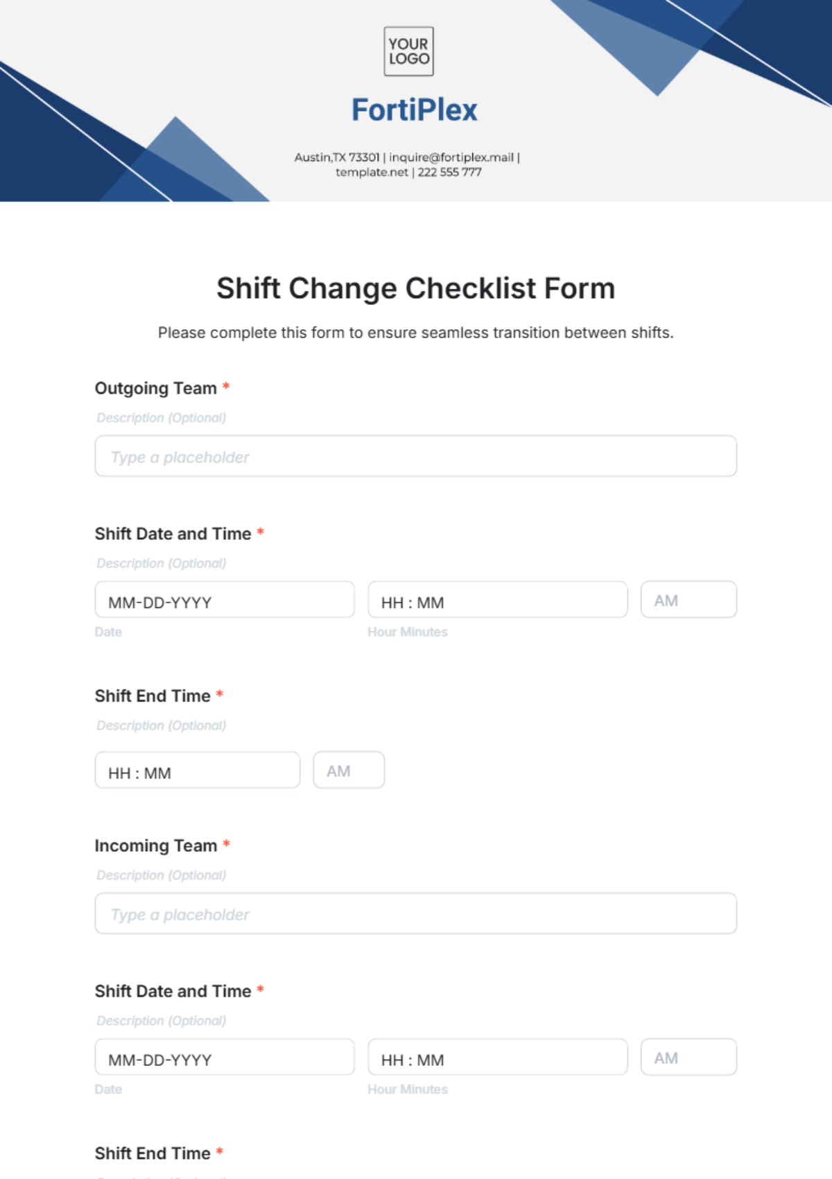 Free Shift Change Checklist Form Template