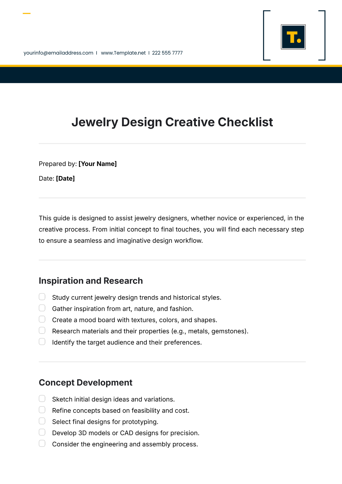 Jewelry Design  Creative Checklist Format Template - Edit Online & Download