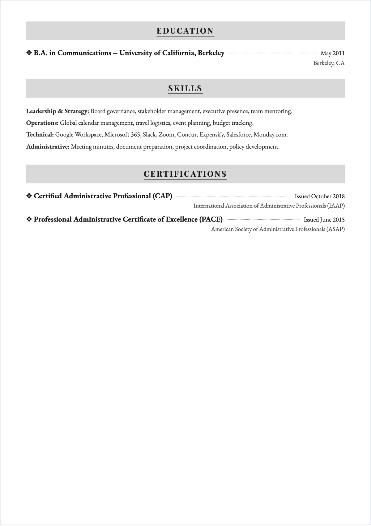 Free Senior Executive Assistant ATS Resume Template, AI Resume Builder