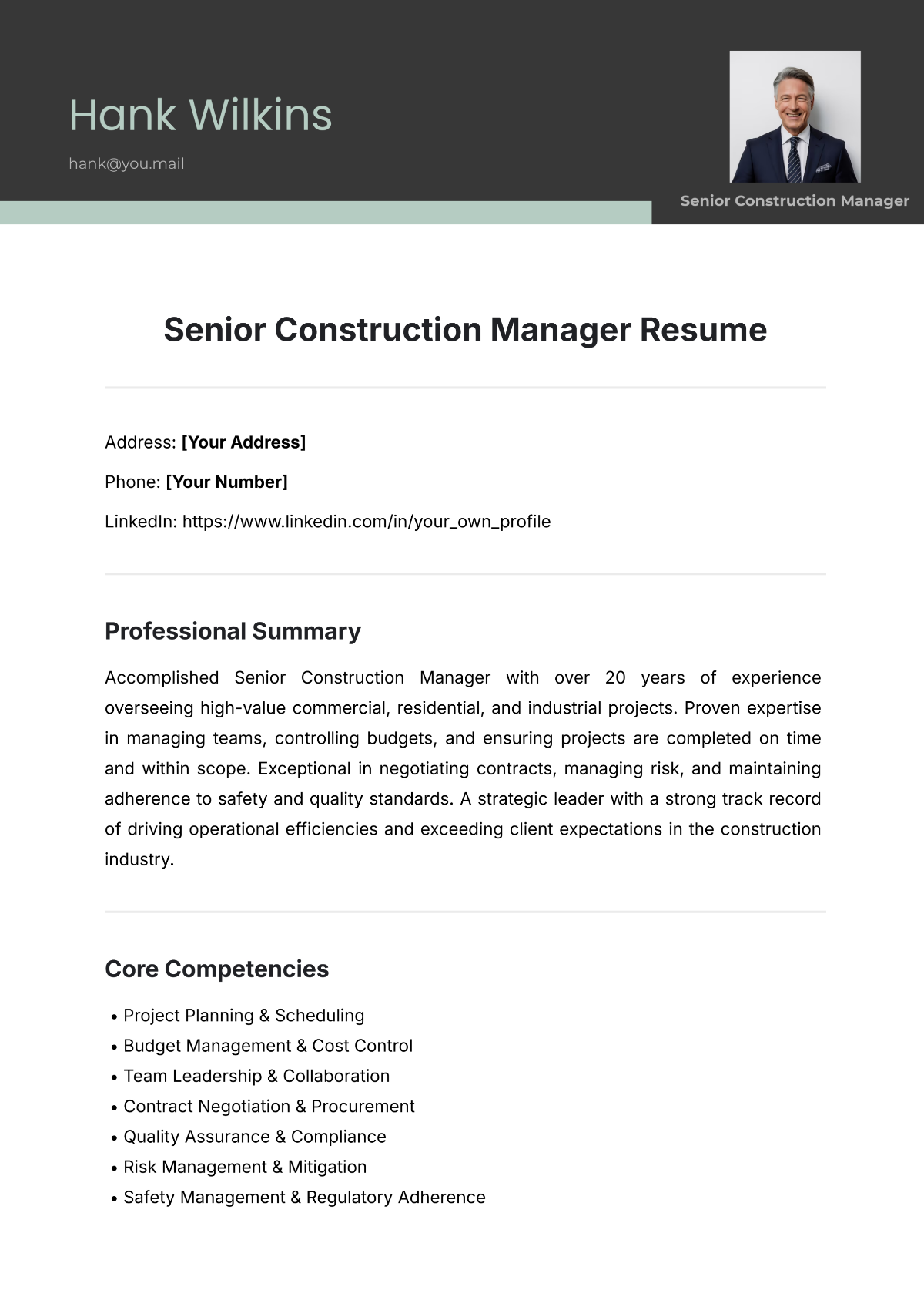 Free Senior Construction Manager Resume Template