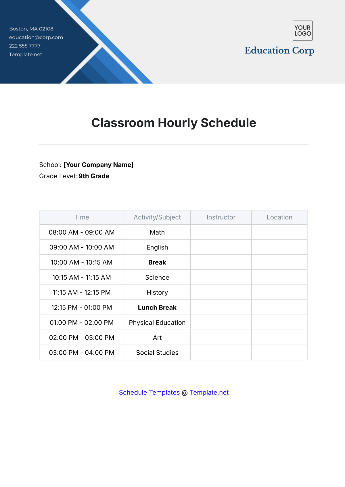 Free Classroom Hourly Schedule Template